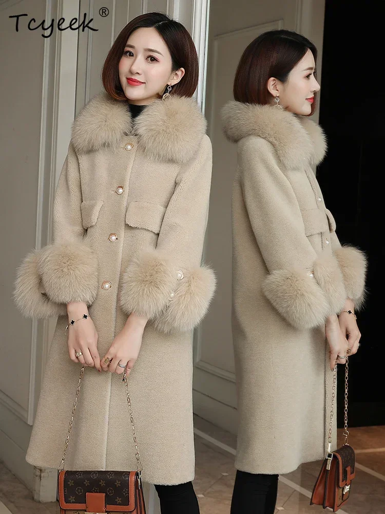 Tcyeek Real Wool Jacket Mid-length Sheep Shearling Coat Ladies Winter Jackets for Women Clothes Fox Fur Collar Casaco Feminino