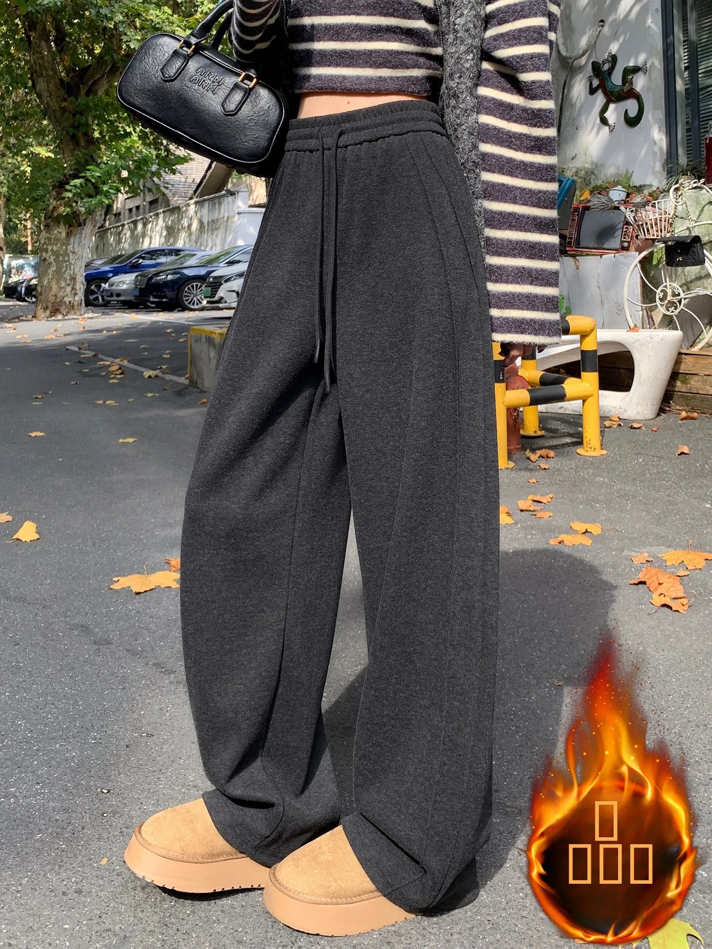 Wełniane spodnie sportowe damskie jesienno-zimowe z wysokim stanem, szerokie nogawki, miękkie, zwiewne, typu ryżowa makaronica.