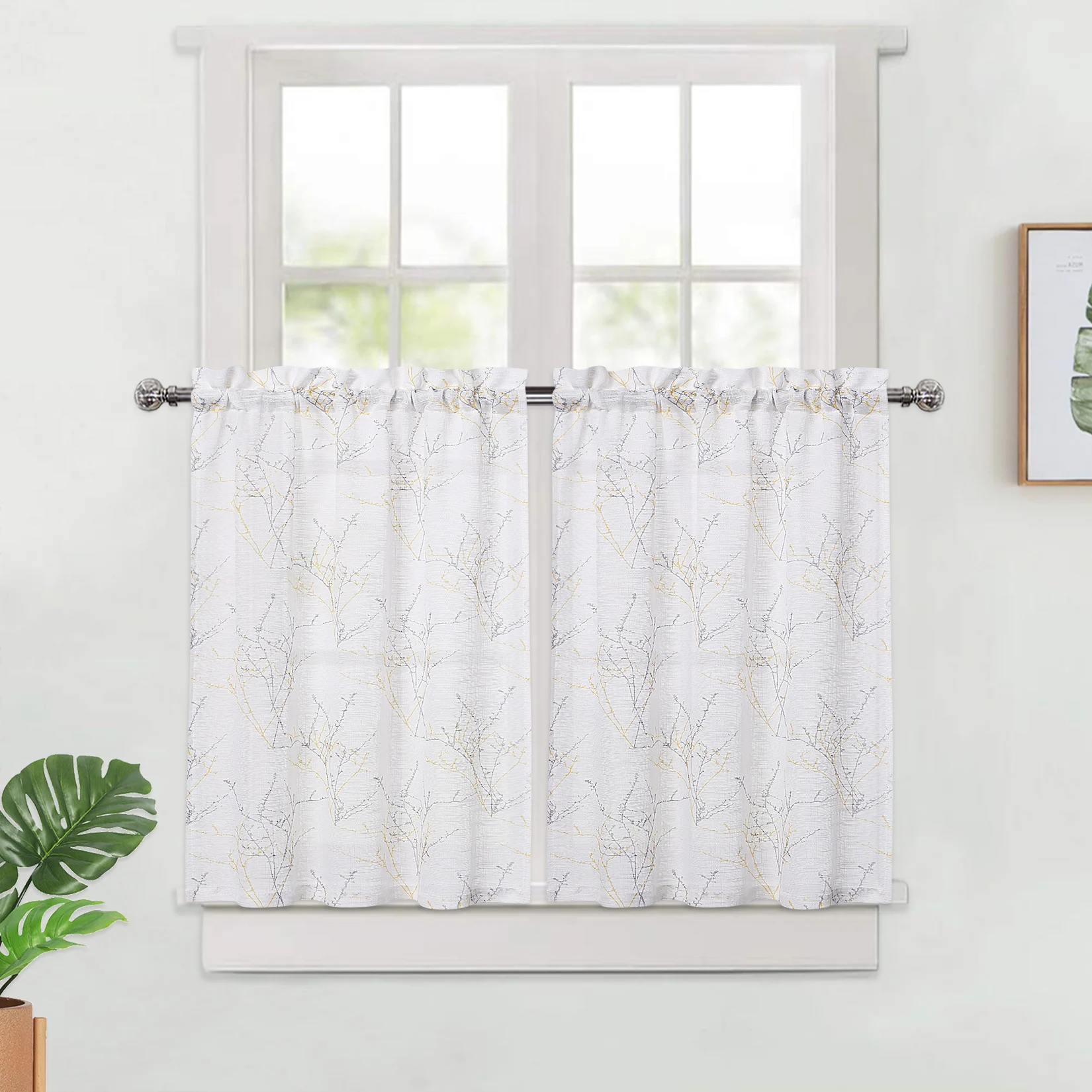 1 Paar Küchen-Fenstervorhänge mit Baummuster, natürliches Design, floraler Ast, kurzer