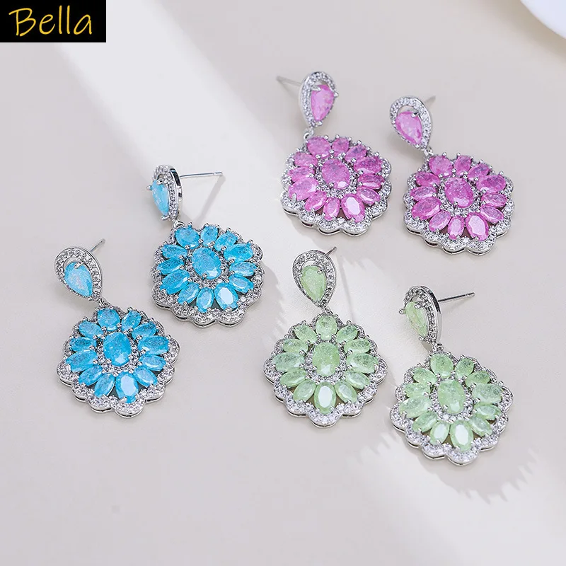 

green pink blue flower earrings women sweet jewelry dinner party daily wear round dangling earrings