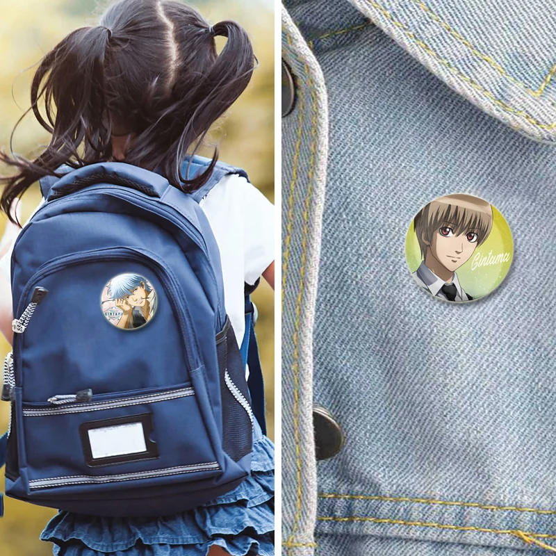 58mm Handmade Exquisite Brooches about Gintoki Sakata Kagura Yoshida Shouyou Comic Book Badge for Backpack Clothes Accessories