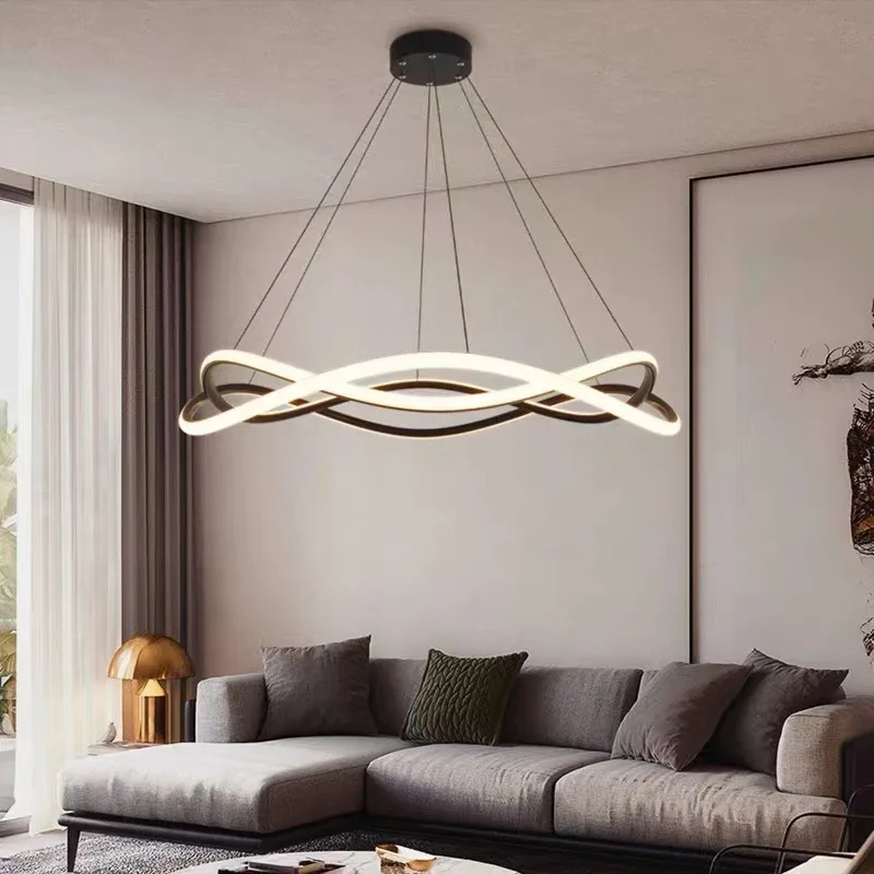 

Nordic Black Led Geometric Ring Ceiling Chandelier for Restaurant Bedroom Hotel Designer Creative Simple Aluminum Pendant Lamp
