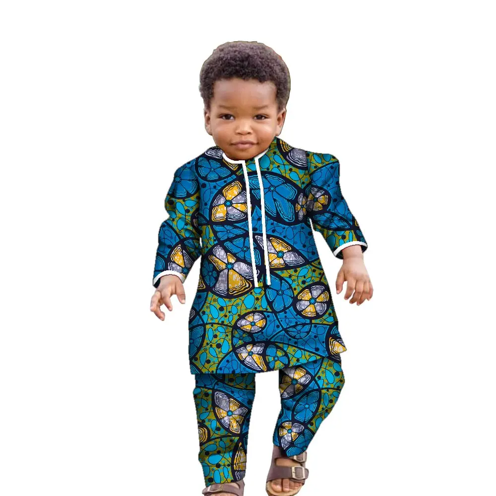 Ankara Fashion Floral Print Boy Suit 2 Pcs Set Long Sleeve Shirt and Pant African Clothes for Boy Dashiki Boy Outfit Wyt621