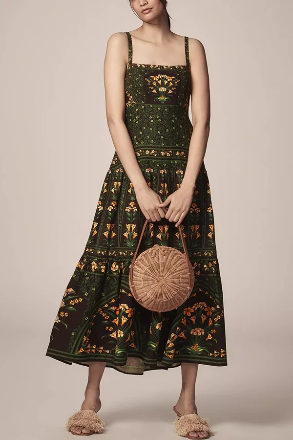 2025 Summer Sexy Dress Vintage Pattern Print A-Line Pleated Dress Square Collar Straps Long Dresses Sexy Backless Zip Boho Dress