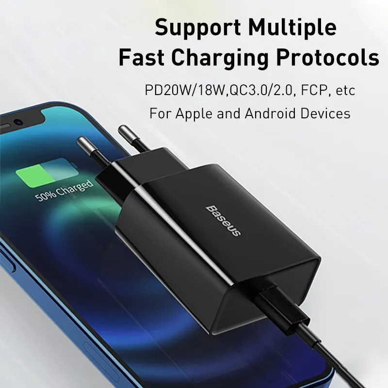 Baseus 20W Quick Charge QC 3.0 PD USB C Fast Charger Type C Charger for iPhone 15 14 13 12 X Xs 8 Xiaomi Samsung Phone Tablet image 4