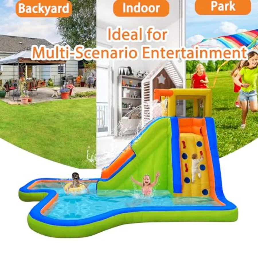 Outdoor inflatable water slide bounce house for backyard use, PVC material, blue and yellow, 6-in-1 wet/dry play with climbing view 6