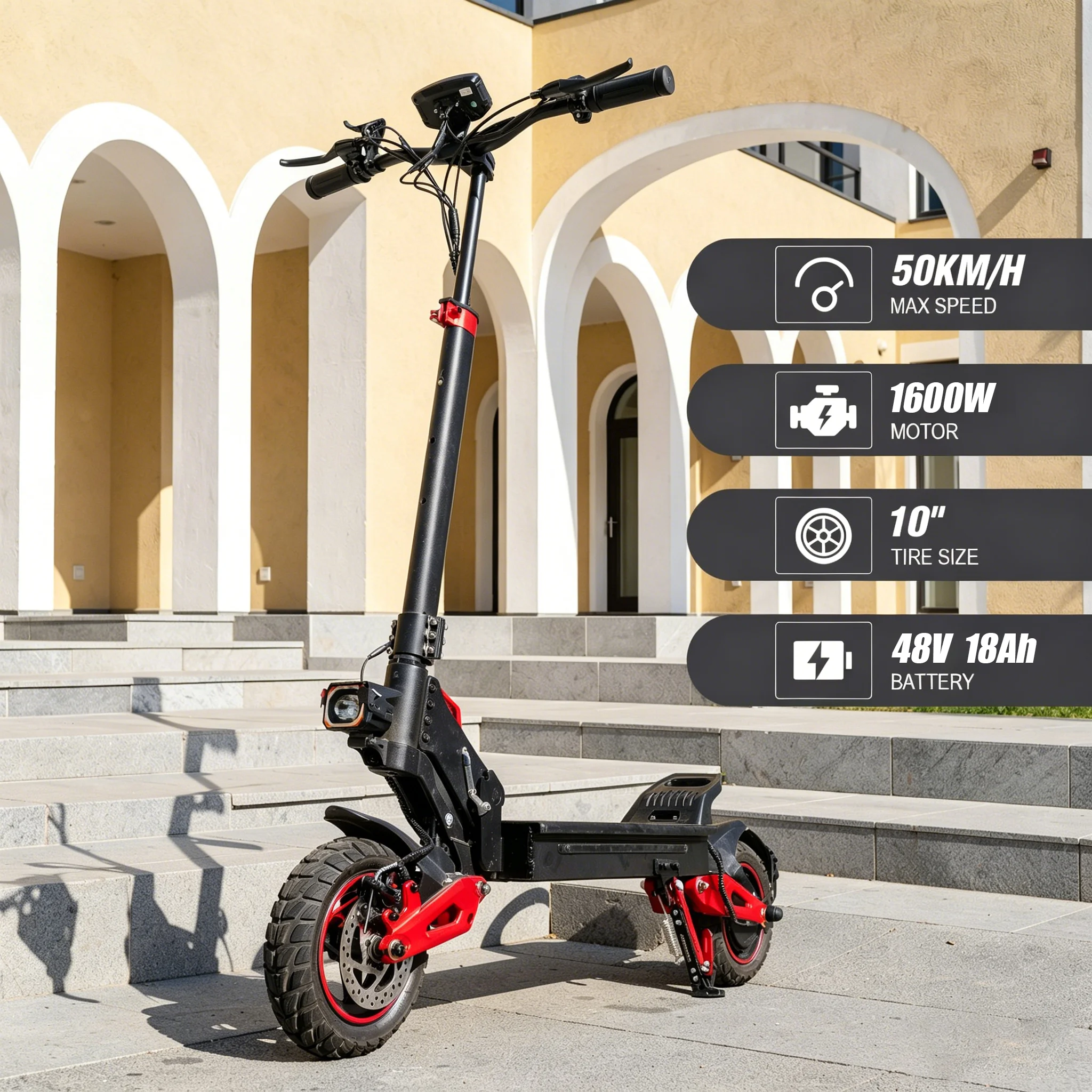 Scooter électrique tout-terrain 1600W pour adultes, scooter électrique tout-terrain 48V 18Ah, vitesse maximale de 50 km/h, pneus pneumatiques de 11 pouces, double suspension