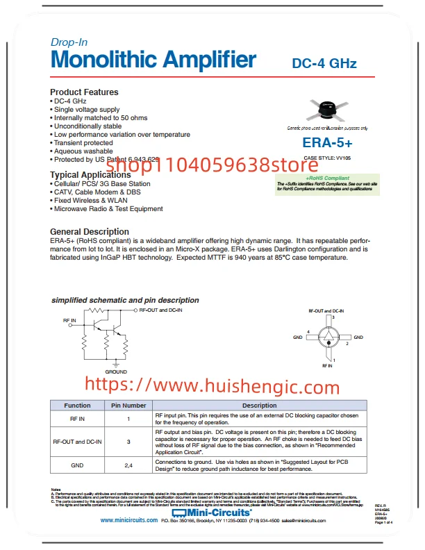 ERA-5+    RF amplifier IC for cellular, CATV, DBS, PCS, WLAN 0Hz ~ 4GHz