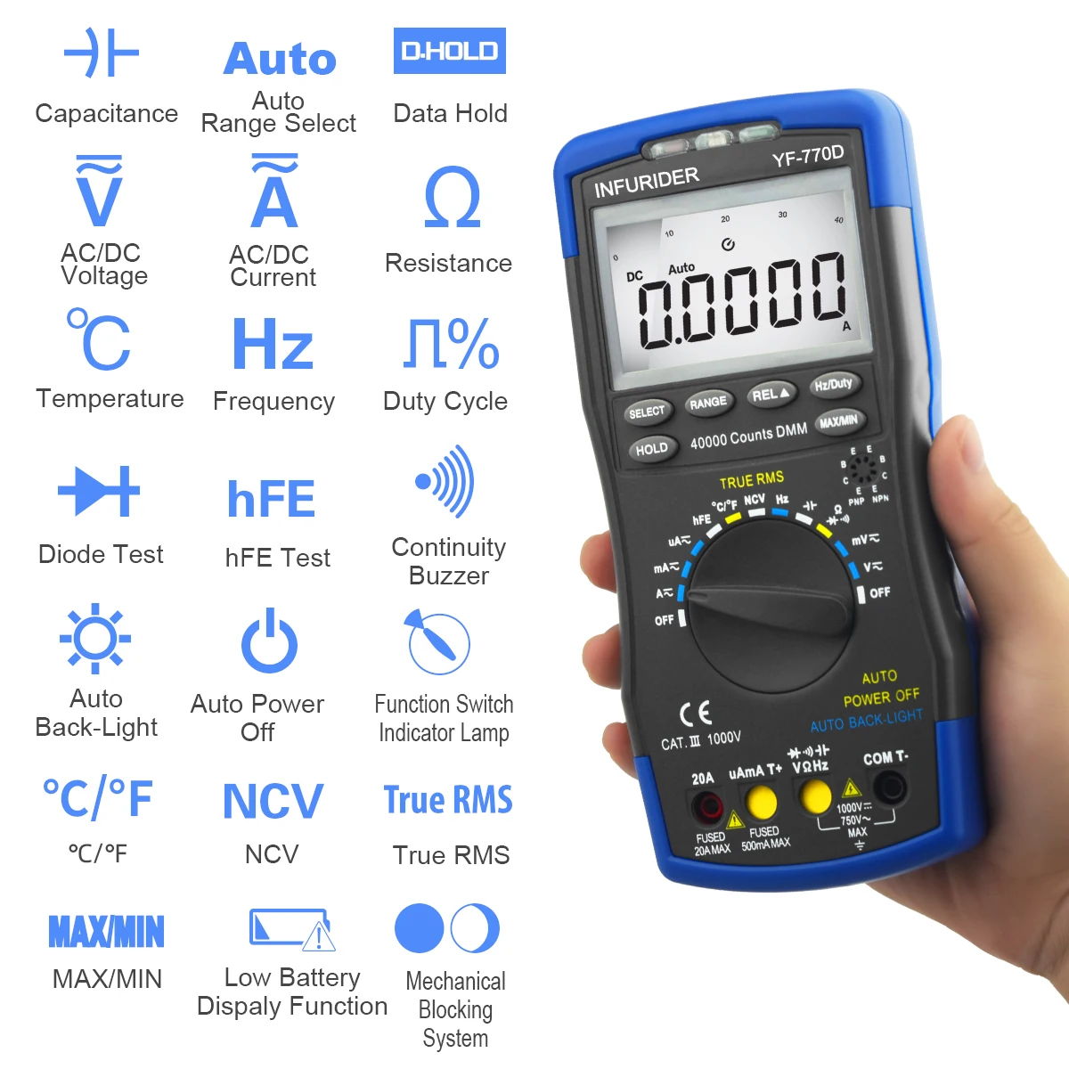 

HP-770D Digital Multimeter TRMS - AC/DC Voltage, Current, Resistance, Capacitance, Frequency, Temperature - 40,000 Counts, NCV