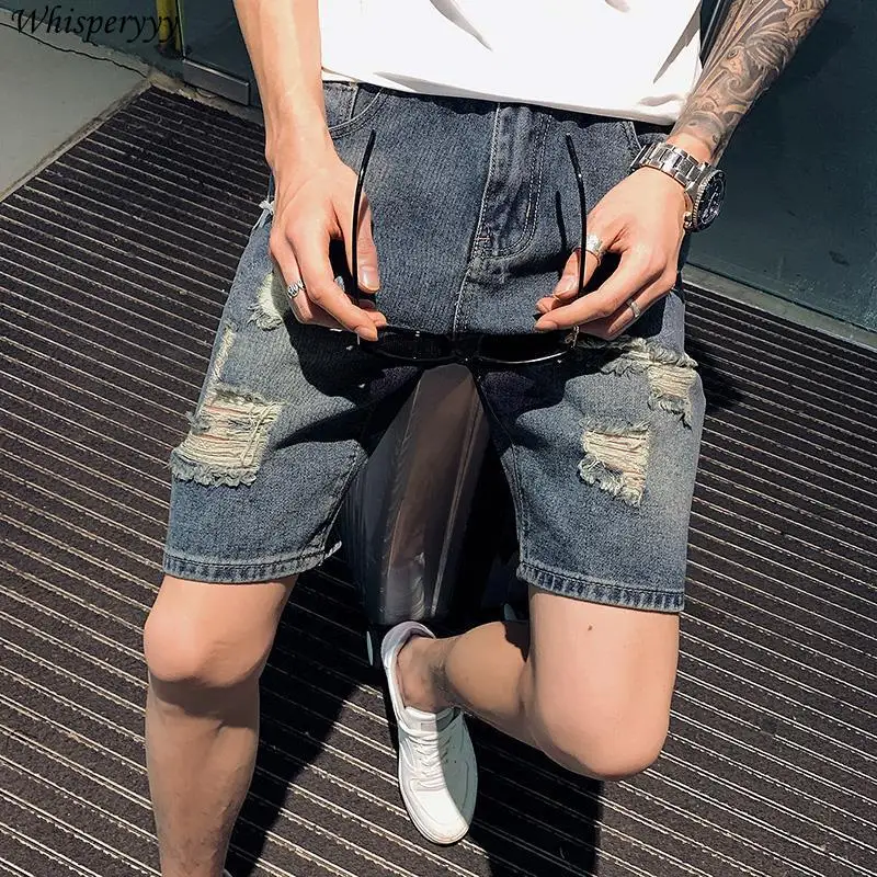 デニムショーツ男性服夏韓国ストレート 5 点パンツヒップホップカジュアルポケットリッピングジーンズパンツ男性ストリート