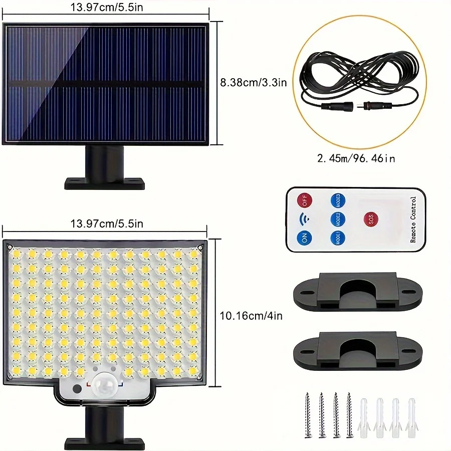 Luz solar dividida impermeável com sensor de movimento holofote ao ar livre, controle remoto, 3 modos, apto para pátio, garagem, quintal, 106LED, 1pc