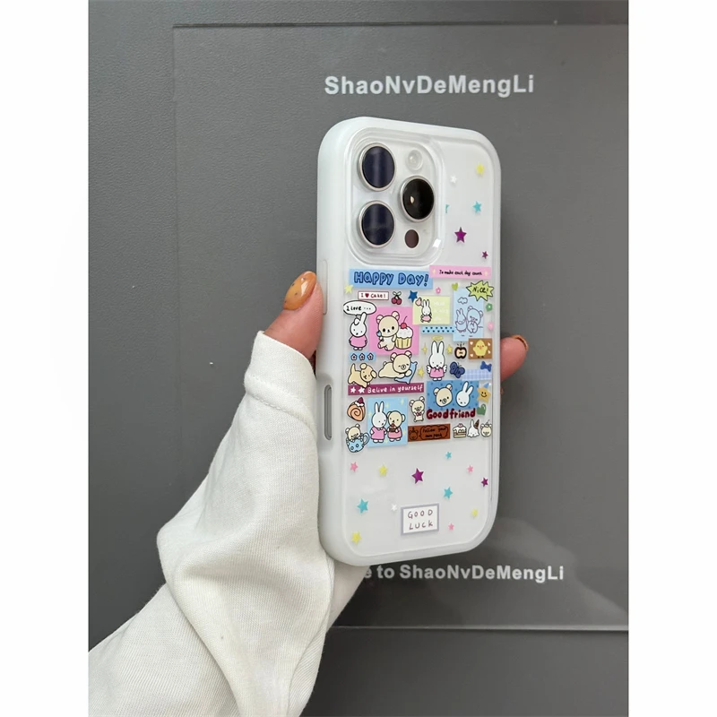 Nicho colorido estrella conejo oso ilustración caso para iPhone 16 15 14 13 12 Pro Max lindo Y2k niñas minimalismo cubierta suave