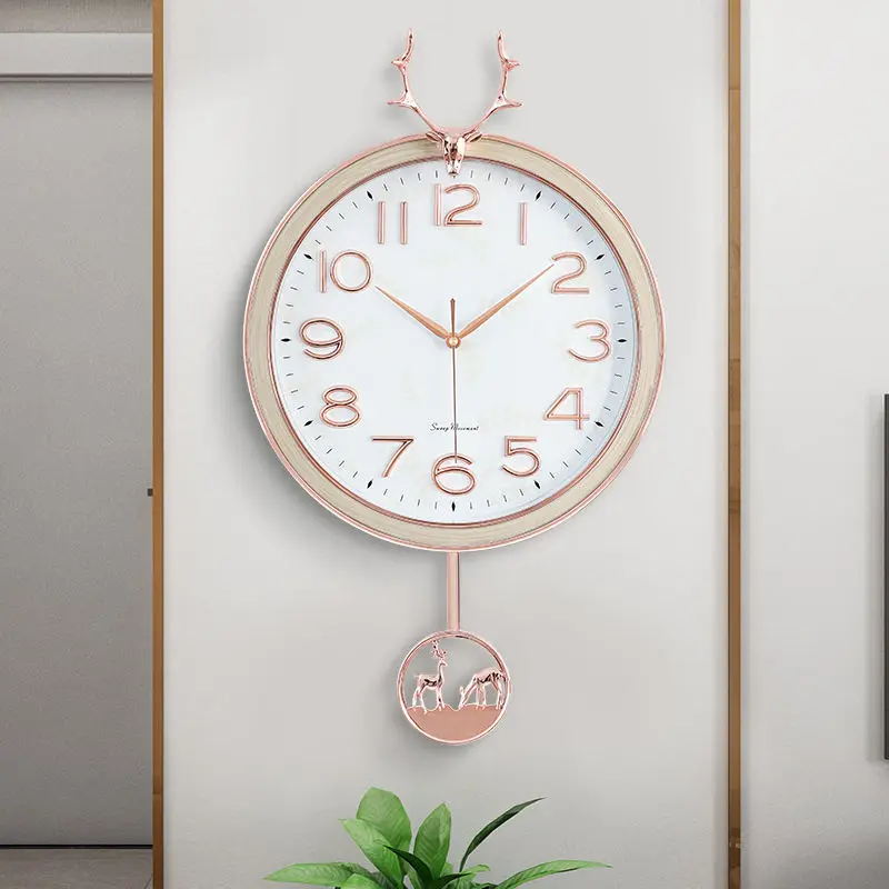 Deer Head Wall Clock Living Room Home Fashion Light Luxury No Punching Wall Watch Modern Simple Swinging Wall Watch