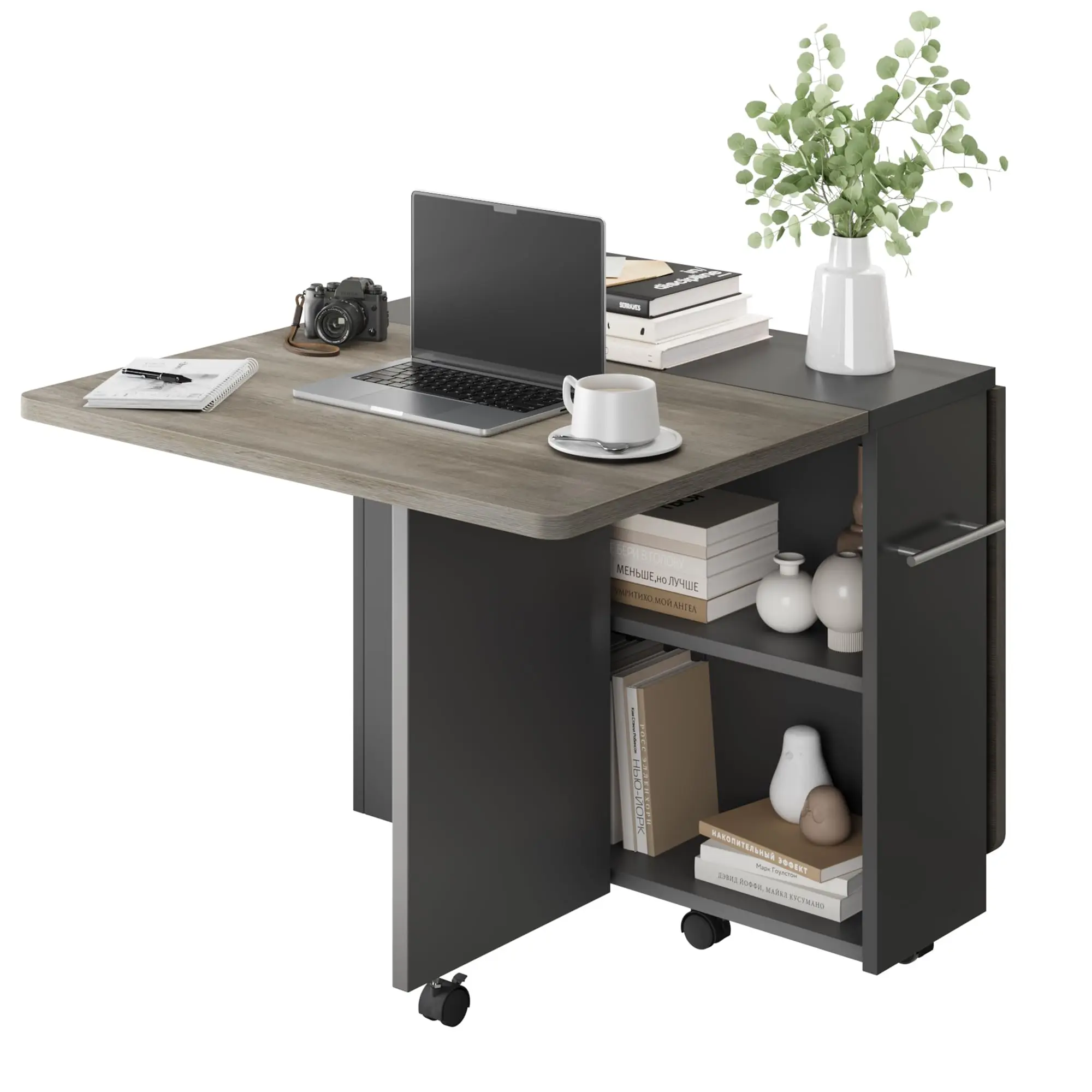 

Раскладной обеденный стол на колесиках, раздвижной кухонный стол с откидными секциями, 2-уровневое хранилище, компактный стол для столовой и кухни