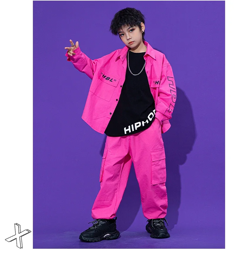 Kids Kpop Costume Tooling Coat Cargo Pants Girls Concert Group Hiphop Performance Outfit Pink Hip Hop Dance Clothes