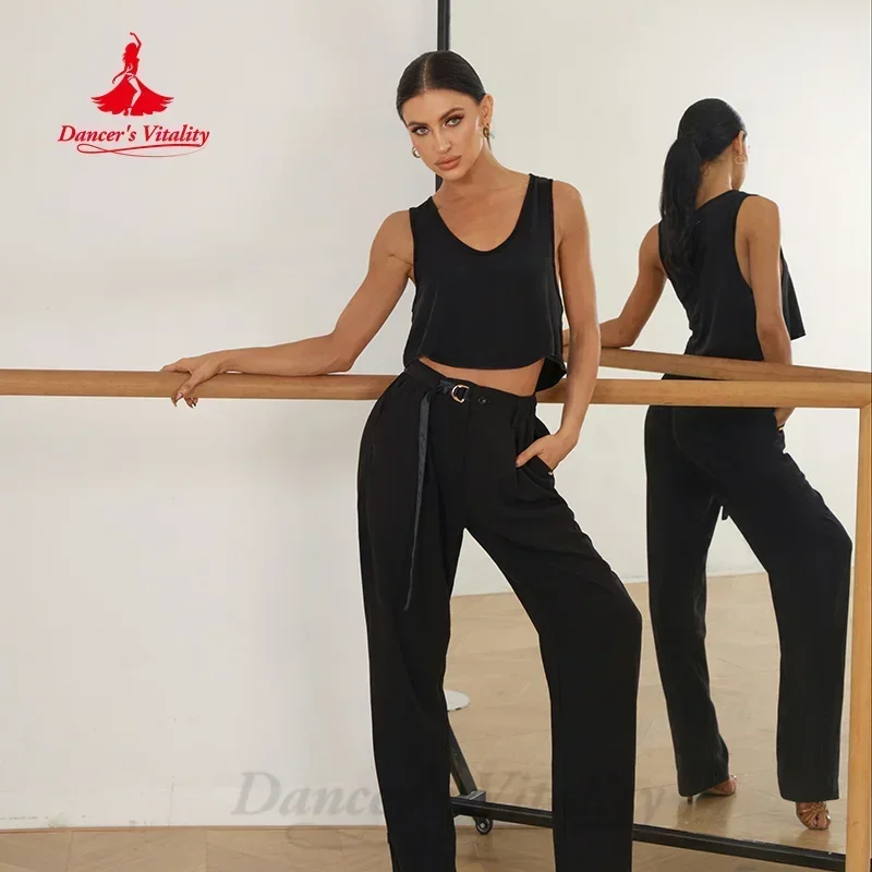 

Latin Dance Practice Clothes Loose Sleeveless Top+High Waisted Straight Leg Pants 2pcs Adult Tango Samba Rumba Training Outfit