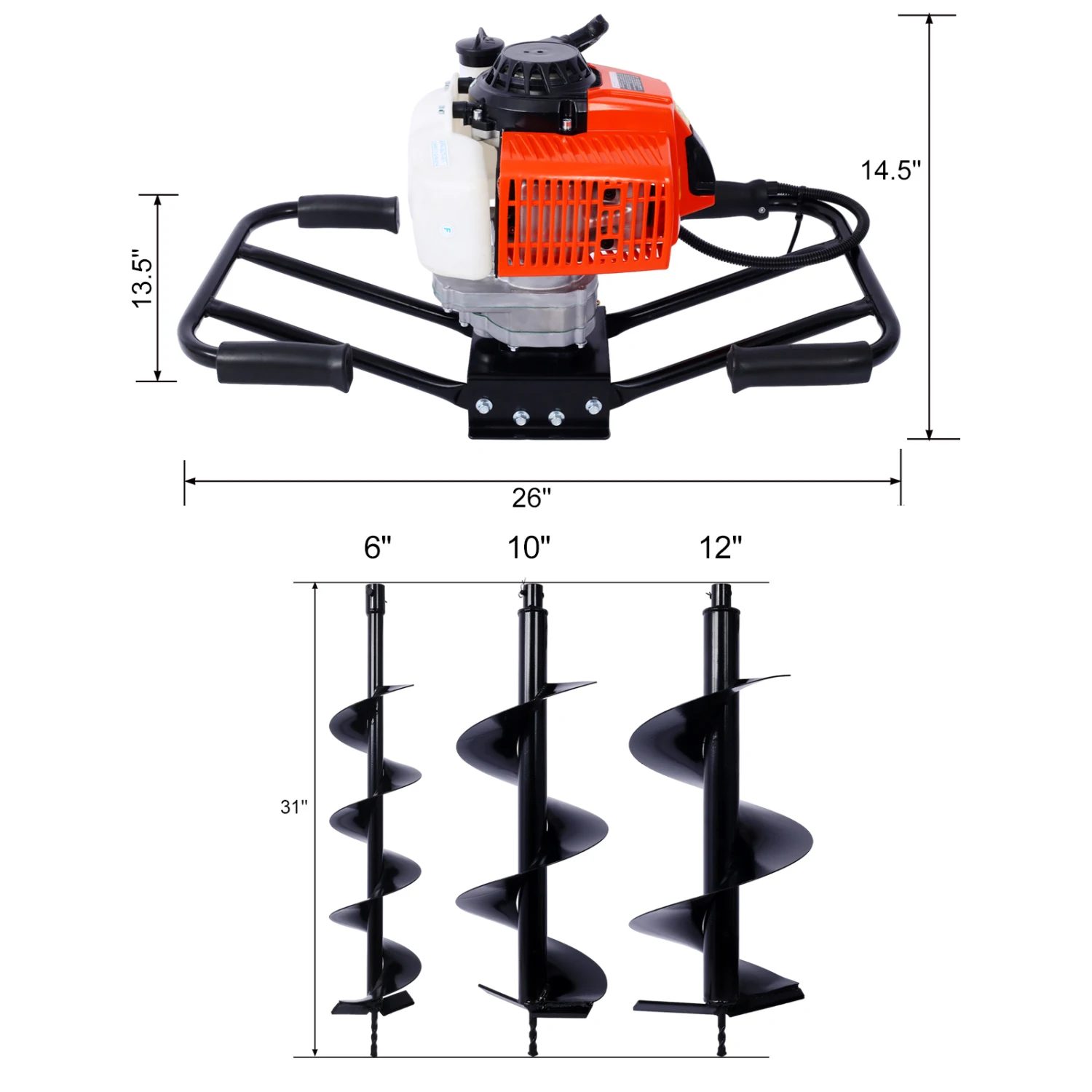 2.7HP Post Hole Digger 63cc two person handle Gas-Powered 2-Stroke Auger Digging Drill Shaft Size 3/4