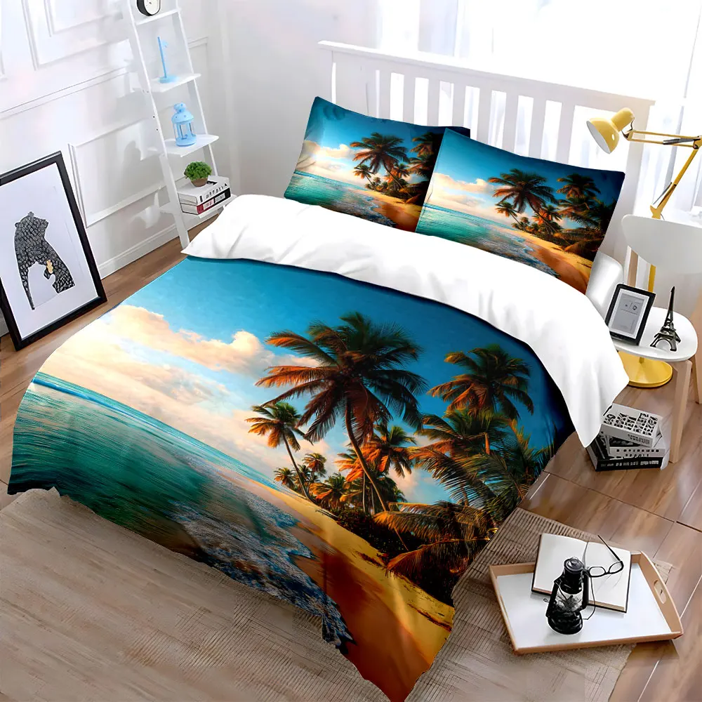 Coastal sunset with palm trees Bedding Set for Kids Luxury Gift 3pcs Digital Print Comforter Set Soft Comfortable Breathable