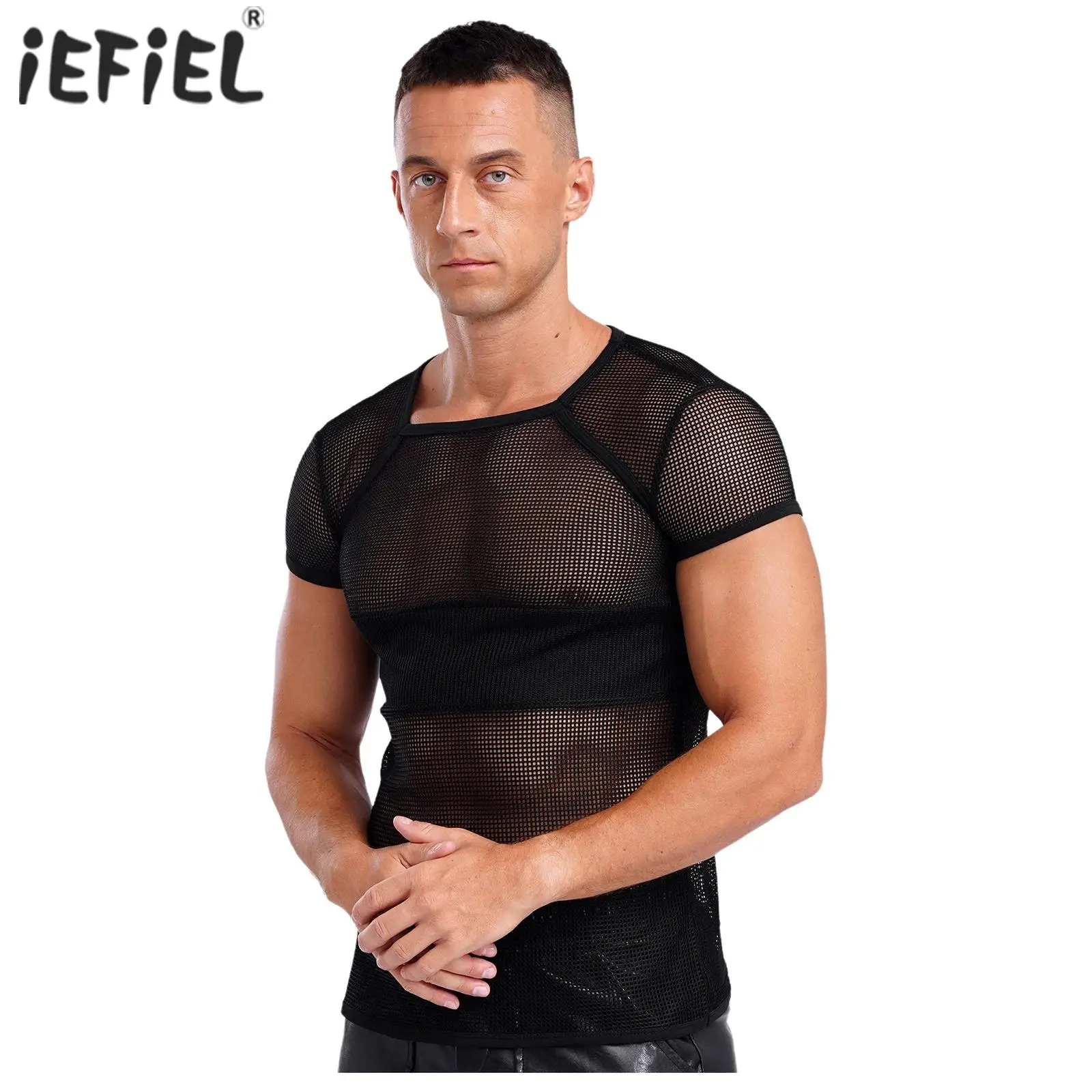 Mens See Through Fishnet Mesh T Shirt Cycling Base Layers Top Short Sleeve Slim Fit Mesh Sporty T-shirt Transparent Tops Tees