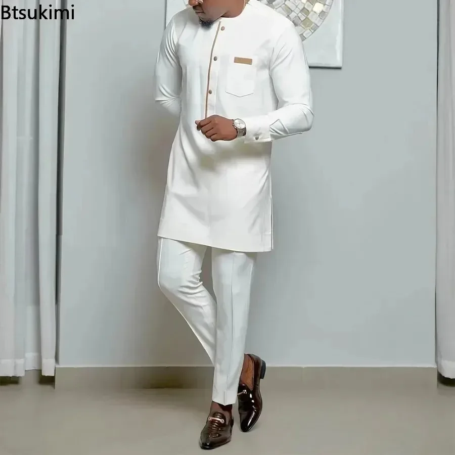 Homme ensembles tenue mariage afrique perlé haut à manches longues pantalon caftan vêtements traditionnels Costoumes ethnique décontracté hommes 2 pièces costume