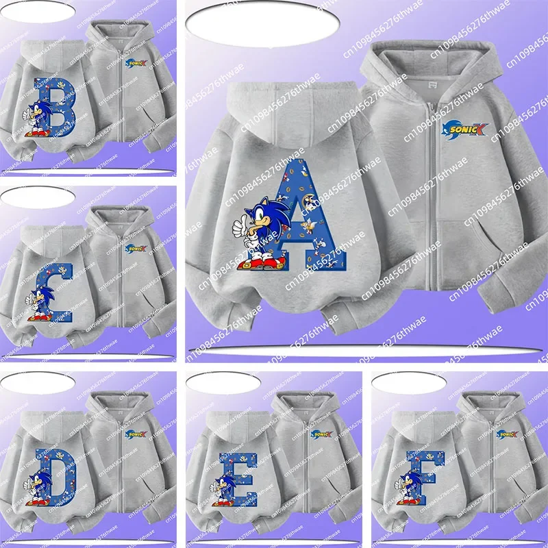 

New children's zipper hooded sweatshirt with letters A-Z Sonic spring-autumn coat for boys and girls, Flash Kid cartoon print