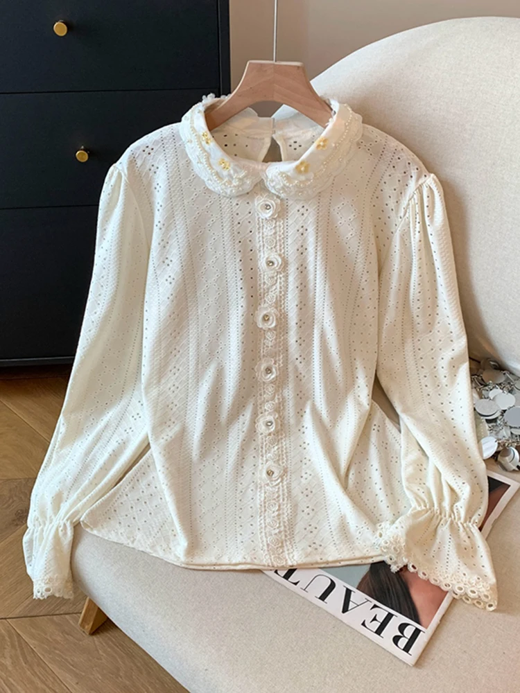 

Lace Hollow Long Sve Embroidered Doll Collar Buttoned irt Women's Autumn Winter New Sle Faionable Korean Loose Fit B...