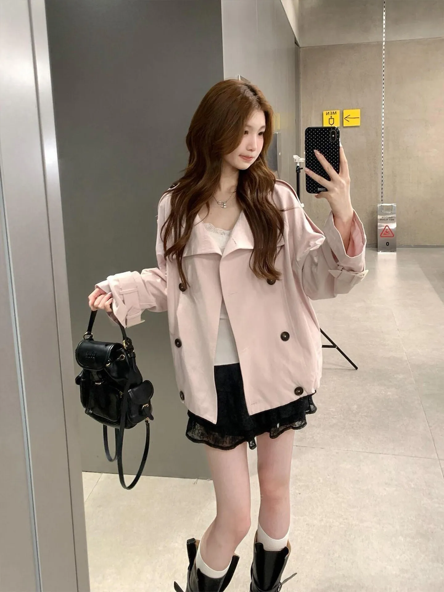Pink Double-Row Button Style Coat Women's Short Jacket Loose Fit Gentle Style Outerwear Warmth Lined Standard Size Autumn Wear