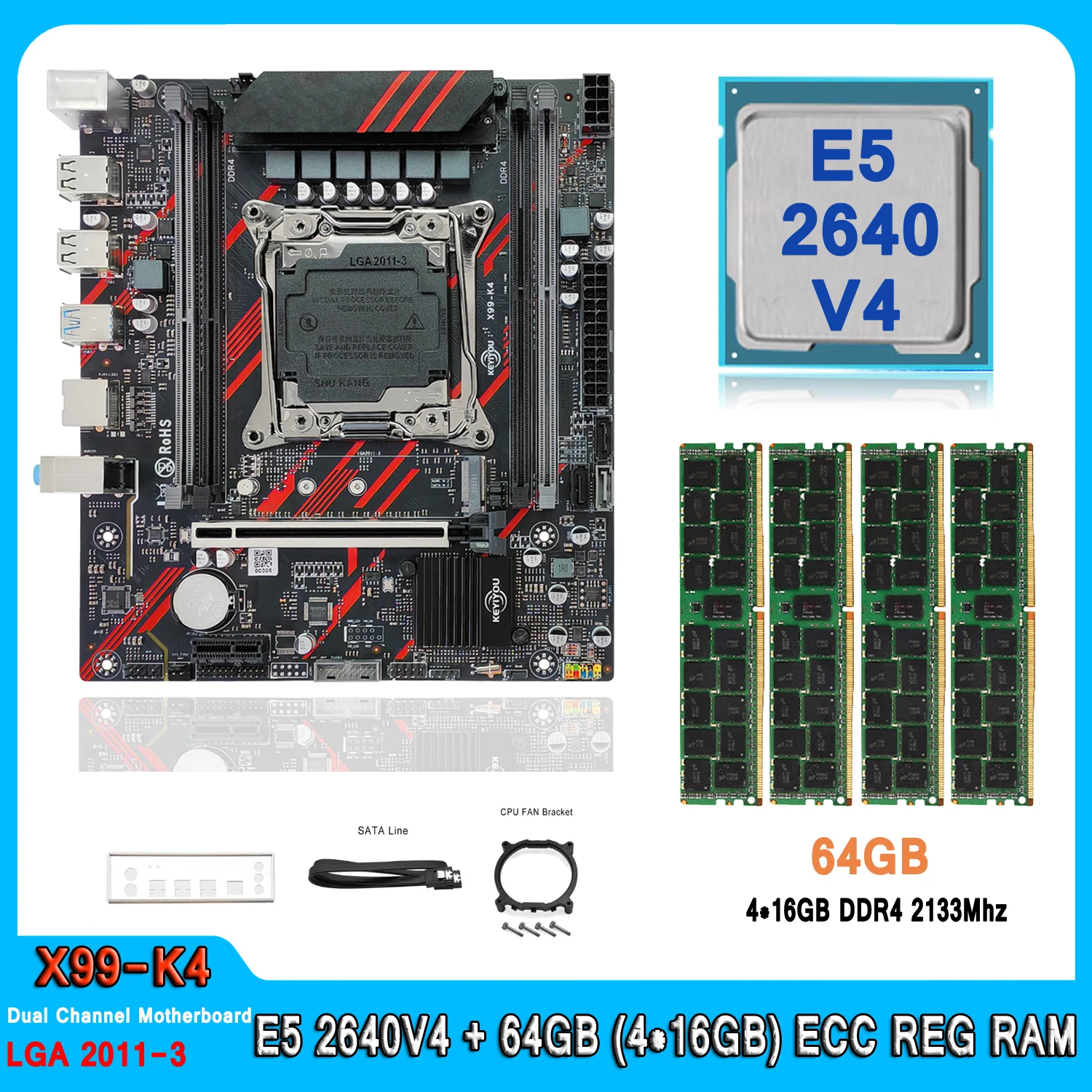 

X99 Материнская плата LGA 2011 Комплект с процессором E5 2640 V4 64 ГБ (4*16 ГБ) DDR4 ECC RAM Xeon X99 Combo Kit Двухканальный E5 2640V4 Настольный комплект