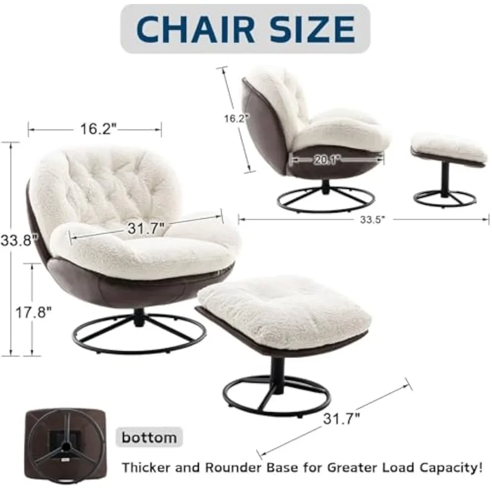 Swivel Sherpa Accent Chair with Ottoman,Mid Century Modern Lounge Chair w/ Footrest,Comfy Reading Chair w/ 360 Degree Metal Base