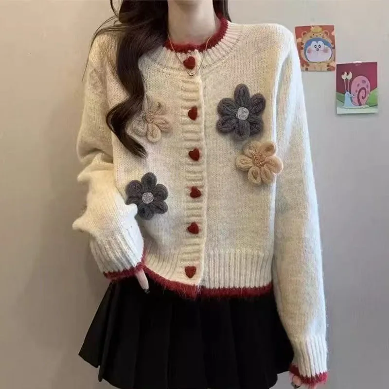 Jesienno-zimowy sweter damski z okrągłym dekoltem, dzianinowy kardigan w kwiaty, nowy temperament.