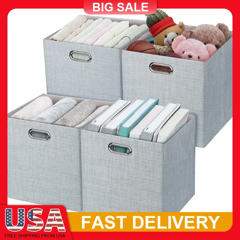

4Pack 13in Storage Cubes Collapsible Bins with Metal Handles for Shelf Cabinet Bookcase Organization Heavy Duty Sturdy Foldable