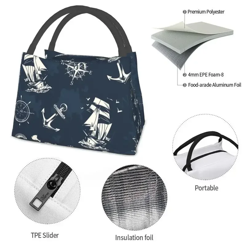 Custom Vintage Nautical Symbol Lunch Bags Women Cooler Thermal Insulated Lunch Boxes for Work Pinic or Travel