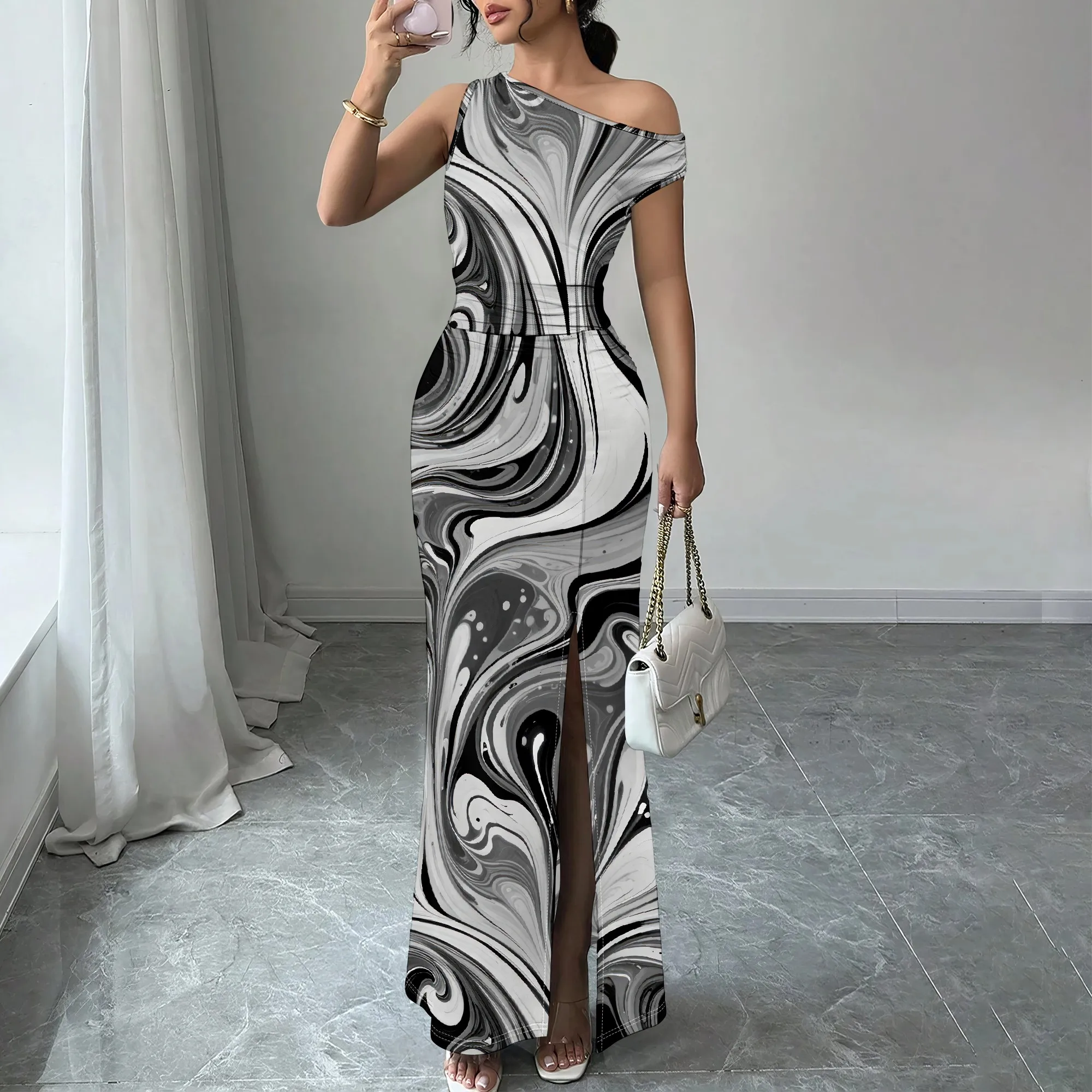 

Women's Tie Dye Maxi Dress Off The Shoulder Split Ruched Sleeveless Bodycon Long Dresses