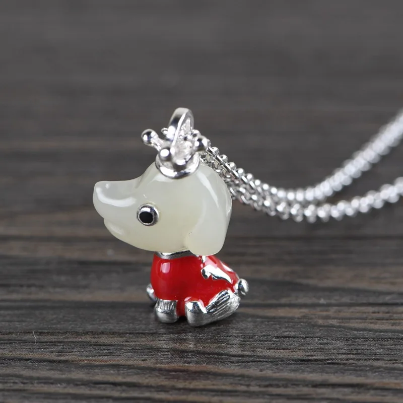 BOCAI S925 Silver Retro Simplicity Fashionable Drip Oil Hotan Jade Puppy Pendant Set Chain Lady Gift Fine Jewelry Wholesale