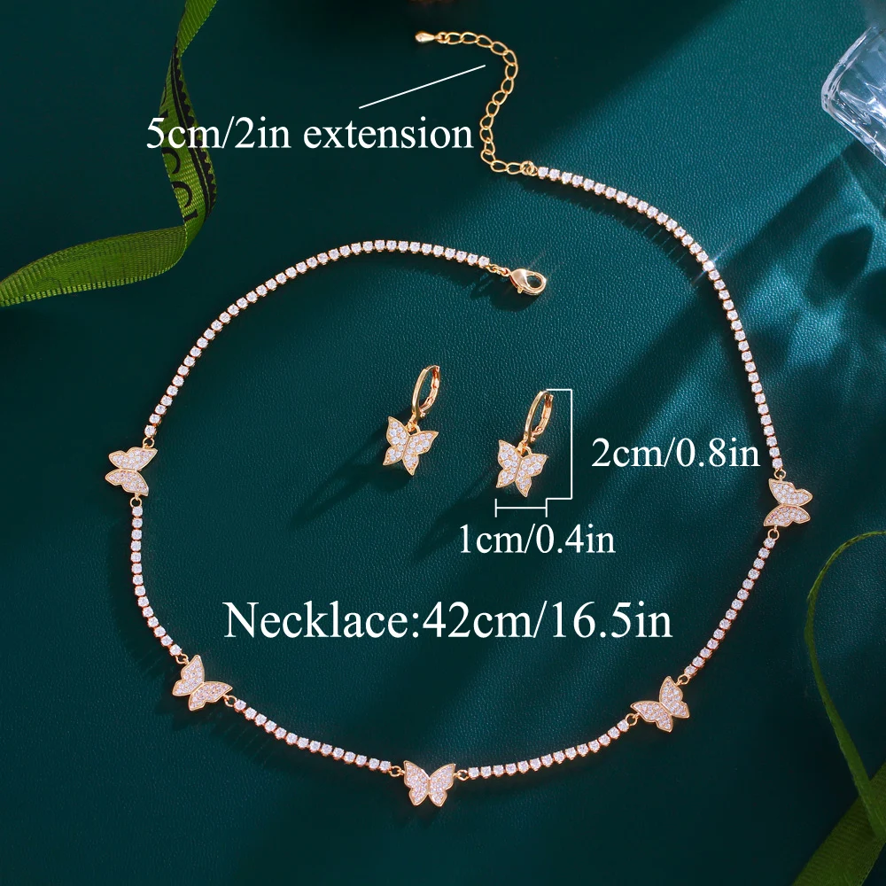 CWWZircon White Gold Plated Cubic Zirconia Tennis Chain Butterfly Chocker Necklace Earring Boho Party Jewelry Set for Women T449