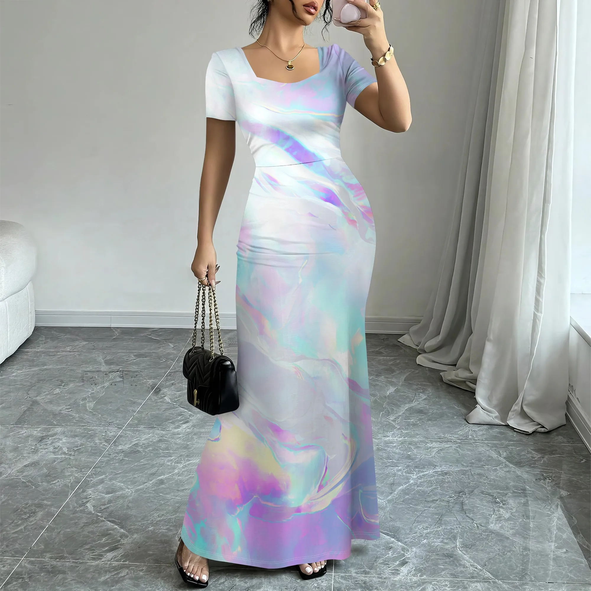 

Women’s Gradient Print Short Sleeve Maxi Dress Elegant Slim Fit Summer Beach Wedding Guest Long Dress XS-3XL