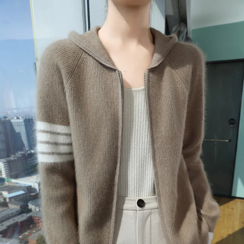 New Autumn and Winter Hooded Mink Cashmere Cardigan Women Thick Sweater Coat Loose Sleeve Striped Double Zipper Wool Knit Hoodie