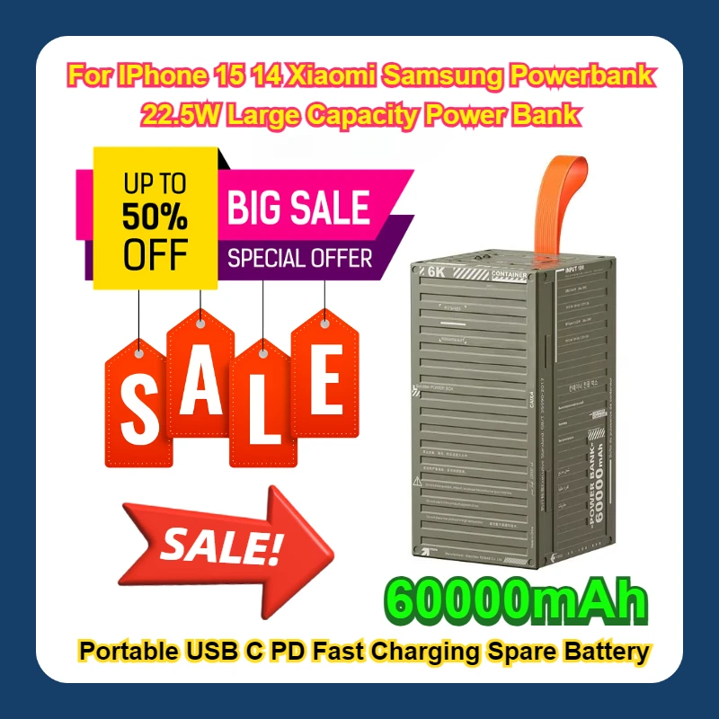 Portable USB C PD Fast Charging Spare Battery 60000mAh For IPhone 15 14 Xiaomi Samsung Powerbank 22.5W Large Capacity Power Bank