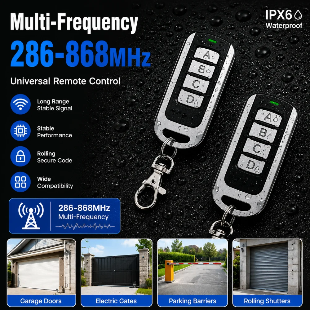 286-868MHz Multi-Frequency 4CH RF Waterproof Garage Door Remote Control Duplicator Clone 433MHz 315MHZ Gate Keyfob Transmitter
