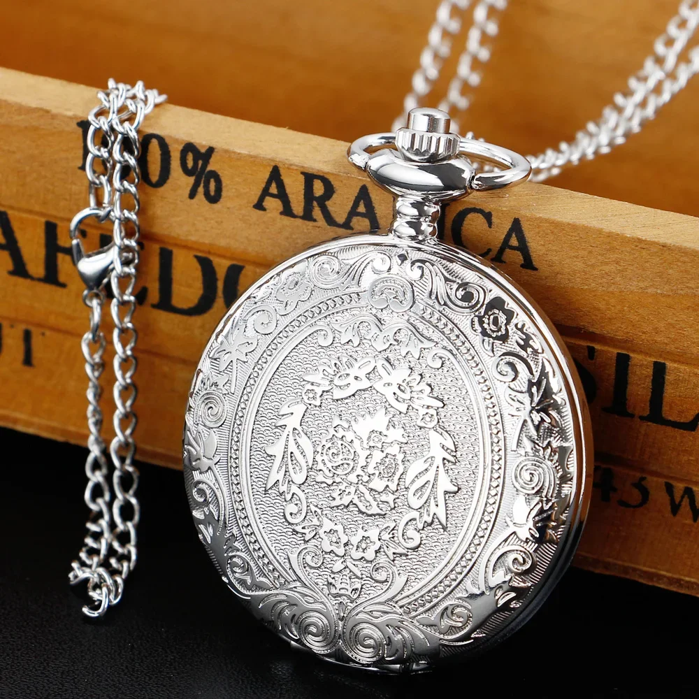 

Luxury Silver Quartz Pocket Watch Fashion Necklace Pendant Chain Jewelry Gift Steampunk Clock for Men Women