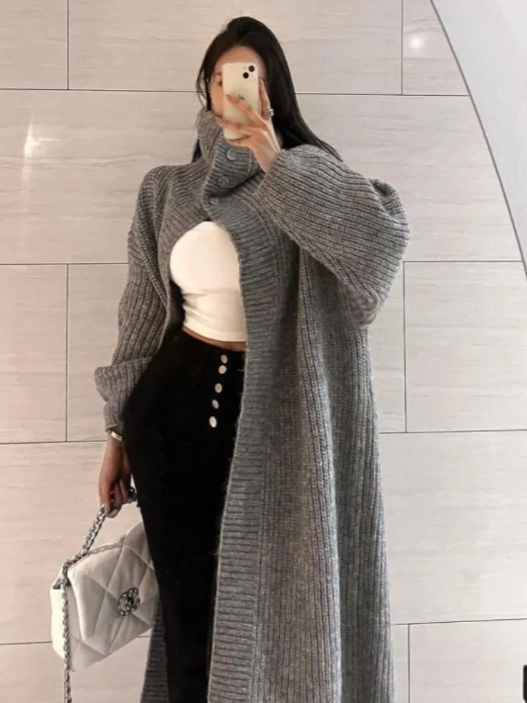 

Ele корейское вязаное длинное пальто, стильная верхняя одежда для женщин, свободный крой с высоким воротником, весенне-осенний сезон