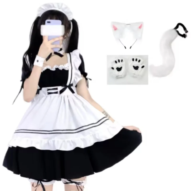 

Костюм горничной в стиле Лолита: милый комплект с пушистыми лисьими ушками и соответствующим хвостом для Хэллоуина и косплей-вечеринок
