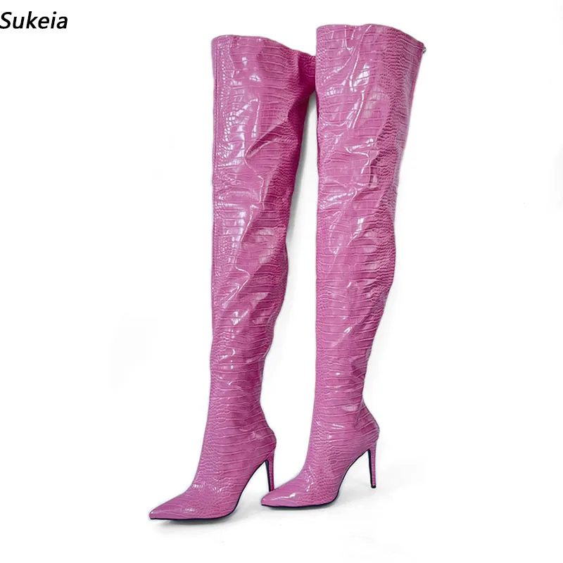 Sukeia Handmade Women Winter Thigh Boots Crocodile Stiletto Heels Pointed Toe Pink Evening Shoes Ladies US Plus Size 5-15