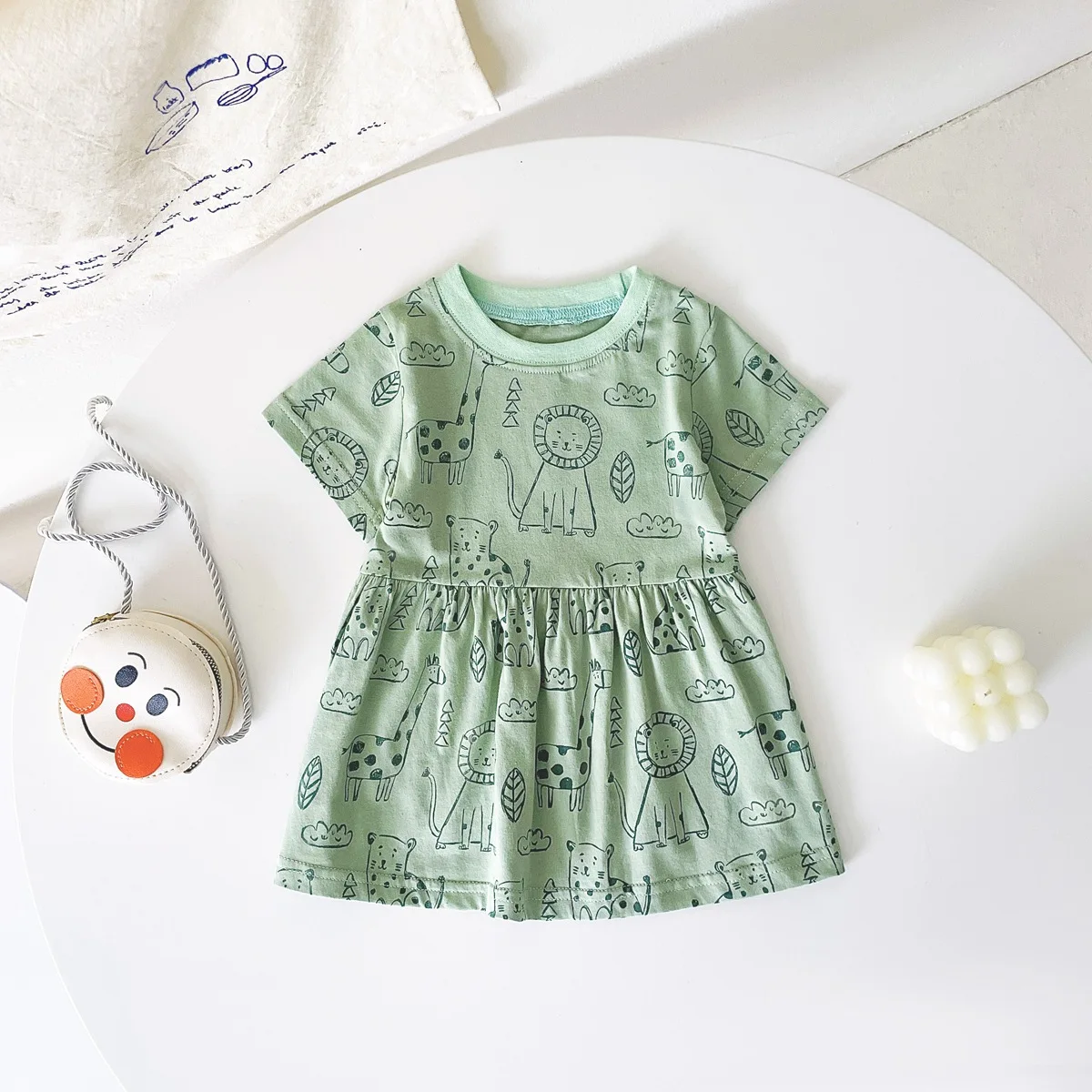 2025 Summer Girls Korean Version Cartoon Dress For 6M-4Y Kids Cotton Lion Elephant Pattern Casual Dress Toddler Baby Clothes