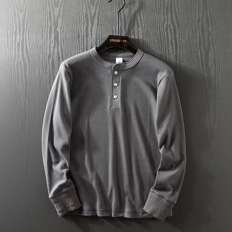Custom Waffle Texture Fabric Long Sleeve T-Shirt Men's Spring Autumn Henry Collar Base Layer Trendy round Neck Standard Fit