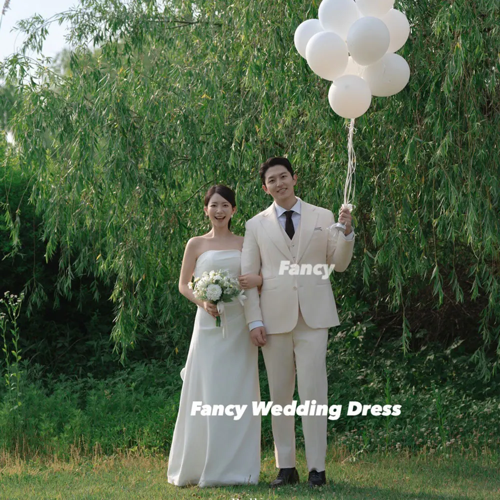 Fancy Simple Strapless Korea Wedding Dress Photoshoot A Line Elastic Satin Prom Gown Floor Length Back Bow 웨딩드레스 Customized