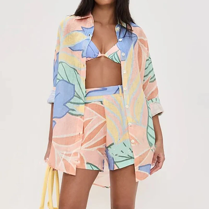 

Повседневный пляжный дышащий удобный комплект, рубашка с длинными рукавами и цветным принтом, женские летние шорты с карманами, свободный наряд