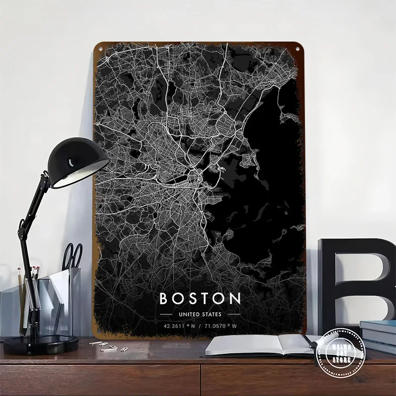 Boston City Map Dark Personalized 3D Textured Metal Poster Wall Art Tinplate Sign for Bedroom Decorations Interior Accessories