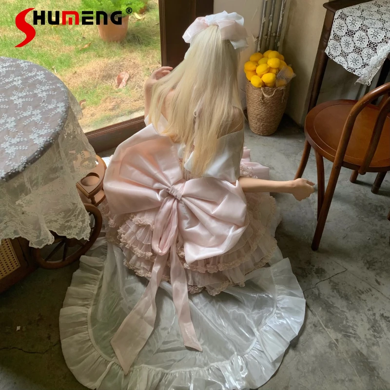 

Woman's High-end Birthday Party Evening Dress Sweet Princess Style Dress Girl's Big Bow Long Train Lolita Fairy Ball Gown Dress