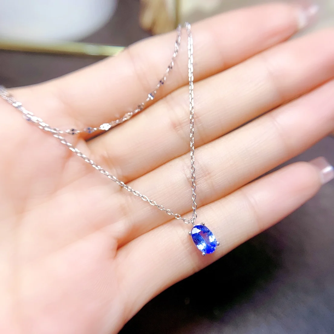 

Natural Tanzanite necklace chain row, 5 x 7 mm gems, 925 sterling silver setting, a fashionable holiday gift for women